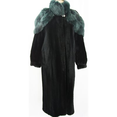 Sheared raccoon coat with emerald green fox trim