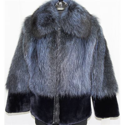 BLUE DYED RACCOON COAT WITH SHEARED BEAVER TRIM