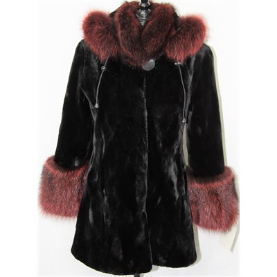 BLACK SHEARED BEAVER PIECES COAT WITH RACCOON TRIM