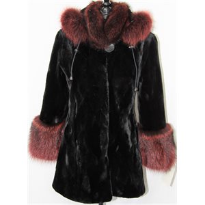 BLACK SHEARED BEAVER PIECES COAT WITH RACCOON TRIM