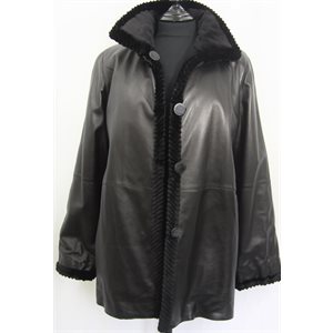 MANTEAU DE VISON RASÉ NOIR RÉVERSIBLE ET CUIR NOIR