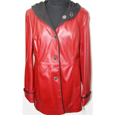 MANTEAU DE CUIR ROUGE RÉVERSIBLE TISSUS NOIR