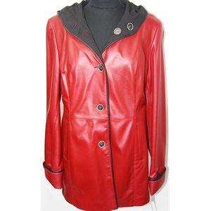 MANTEAU DE CUIR ROUGE RÉVERSIBLE TISSUS NOIR