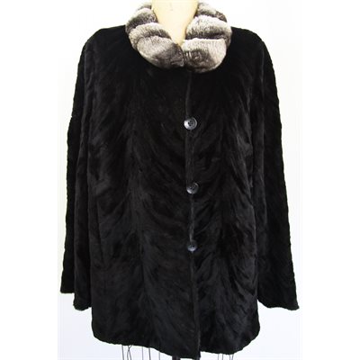 MANTEAU DE PATTES VISON NOIR RÉVERSIBLE COL CHINCHILLA