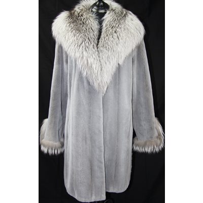 GREY SHEARED MINK COAT WITH FOX PLATINUM TRIM