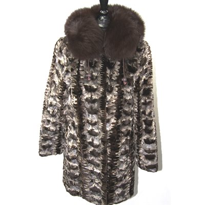 SHEARED MINK HEAD JACKET WITH FOX TRIM AND HOOD