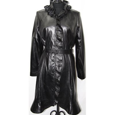 LONG BLACK LAMBSKIN LEATHER COAT WITH LEATHER FLOWERS