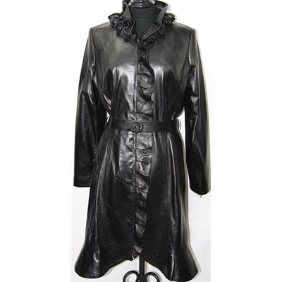 LONG MANTEAU DE CUIR NOIR AVEC FLEURS AU COL