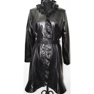 LONG BLACK LAMBSKIN LEATHER COAT WITH LEATHER FLOWERS