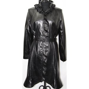 LONG MANTEAU DE CUIR NOIR AVEC FLEURS AU COL