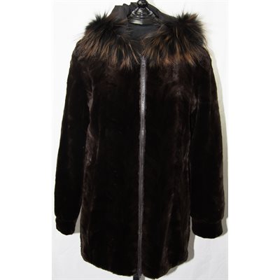 BROWN SHEARED MINK PIECES REVERSIBLE JACKET WITH FOX TRIM HOOD