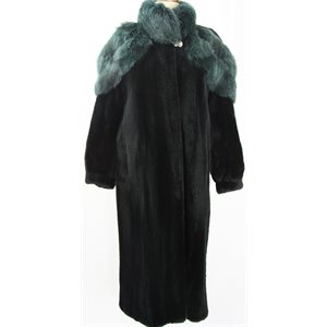Sheared raccoon coat with emerald green fox trim