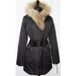 BLACK POLYESTER COAT WITH FINNCOON TRIM