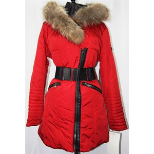 RED POLYESTER COAT WITH FINNCOON TRIM