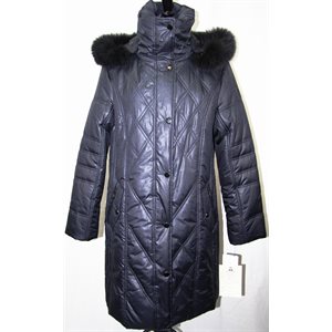 NAVY POLYESTER COAT WITH FOX TRIM