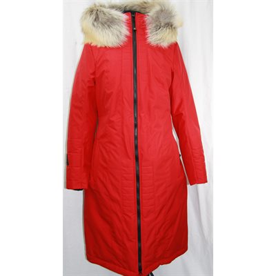 MANTEAU EN POLYESTER ROUGE GARNI DE RENARD