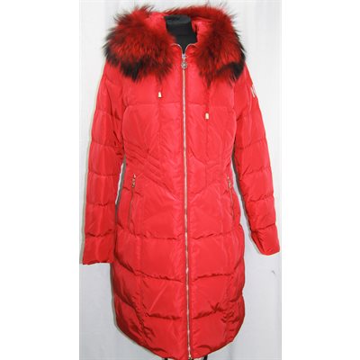 RED DOWN COAT WITH FINN RACCOON TRIM