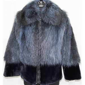 MANTEAU DE RATON LAVEUR TEINT BLEU GARNI DE CASTOR RASÉ