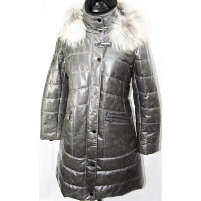 MANTEAU DE CUIR GRIS AVEC CAPUCHON GARNI DE RENARD