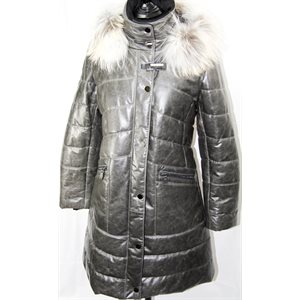 MANTEAU DE CUIR GRIS AVEC CAPUCHON GARNI DE RENARD