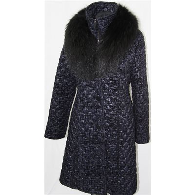 BLUE POLYESTER COAT WITH BLACK FOX COLLAR