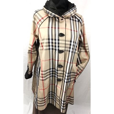 TAUPE BEIGE & NAVY CHECKERED BURBERRY STYLE TRENCH-COAT