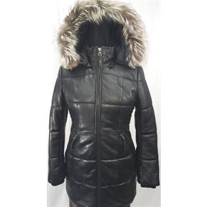 BLACK LAMBSKIN LEATHER FOX TRIM HOOD