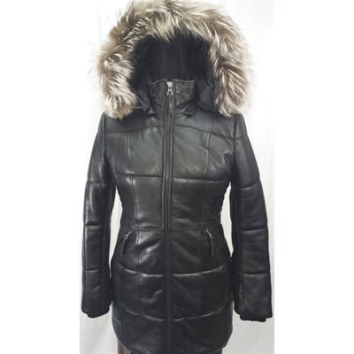 BLACK LAMBSKIN LEATHER FOX TRIM HOOD