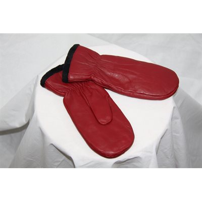 RED LEATHER MITTENS LINED WITH FLEECE