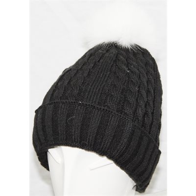 BLACK HAT WITH WHITE FOX POMPOM