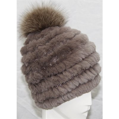 TUQUE DE LAPIN MOKA AVEC POMPON EN RENARD