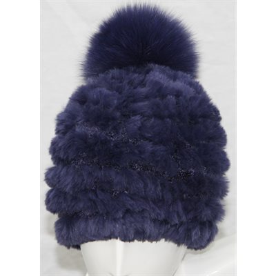 TUQUE DE LAPIN MARINE AVEC POMPON EN RENARD