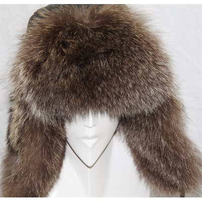 BROWN DYED RACCOON & LEATHER HAT